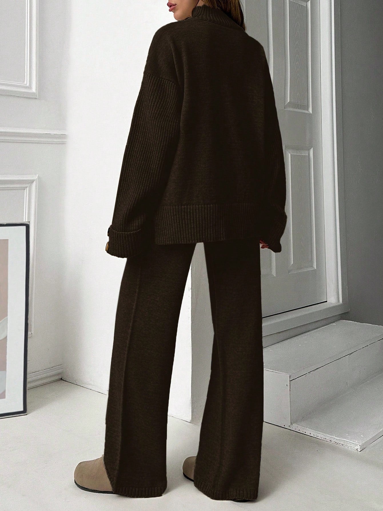 Button-Cuff Turtleneck Knit Lounge Set – Deep Espresso