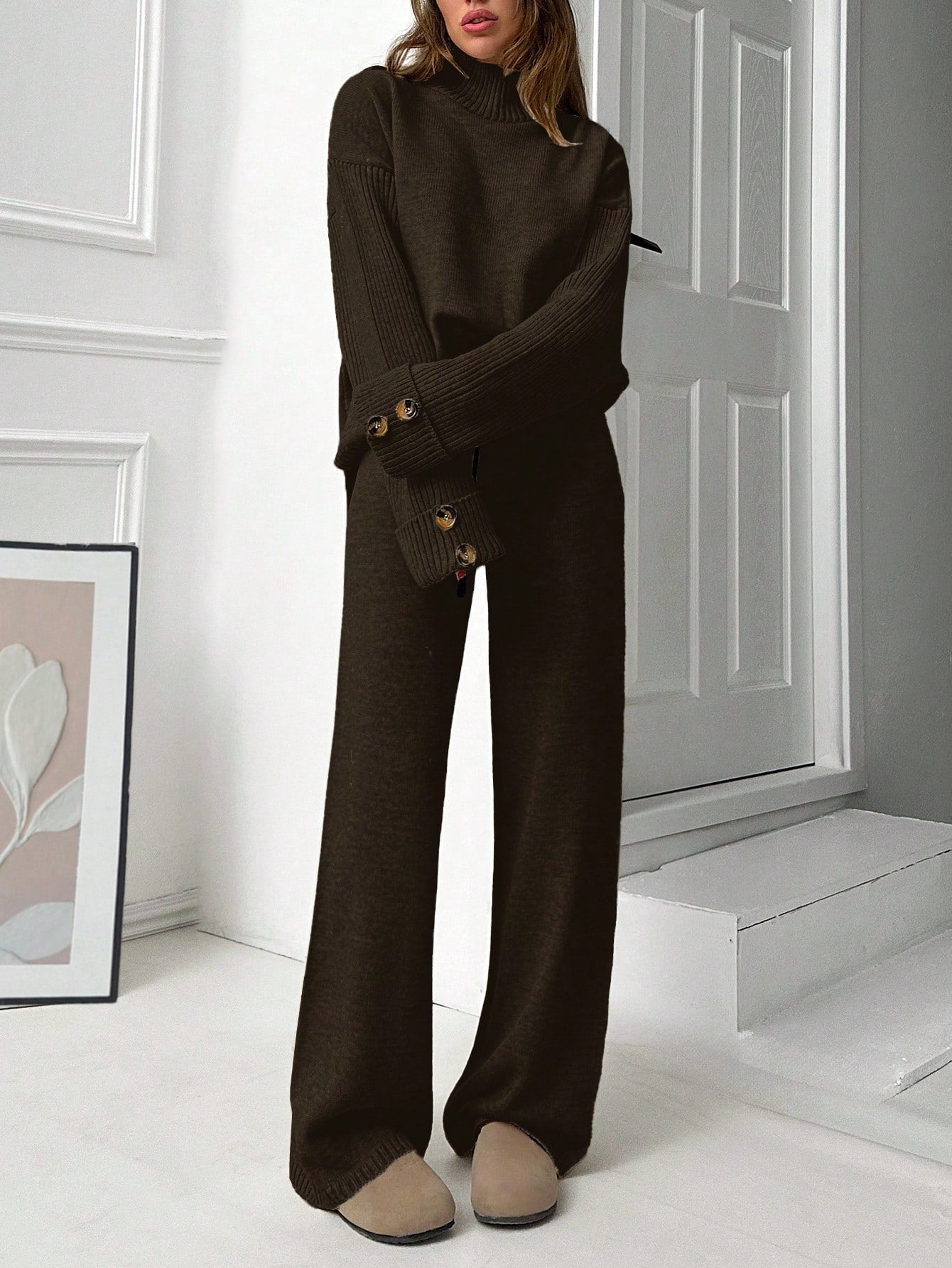 Button-Cuff Turtleneck Knit Lounge Set – Deep Espresso