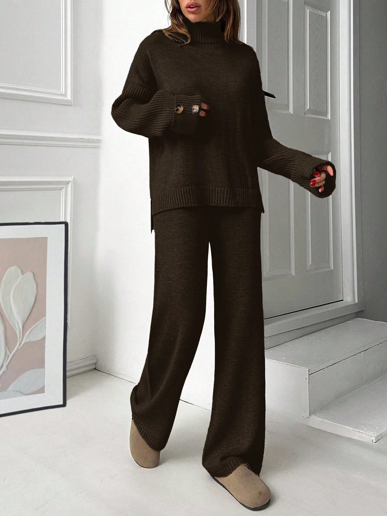 Button-Cuff Turtleneck Knit Lounge Set – Deep Espresso