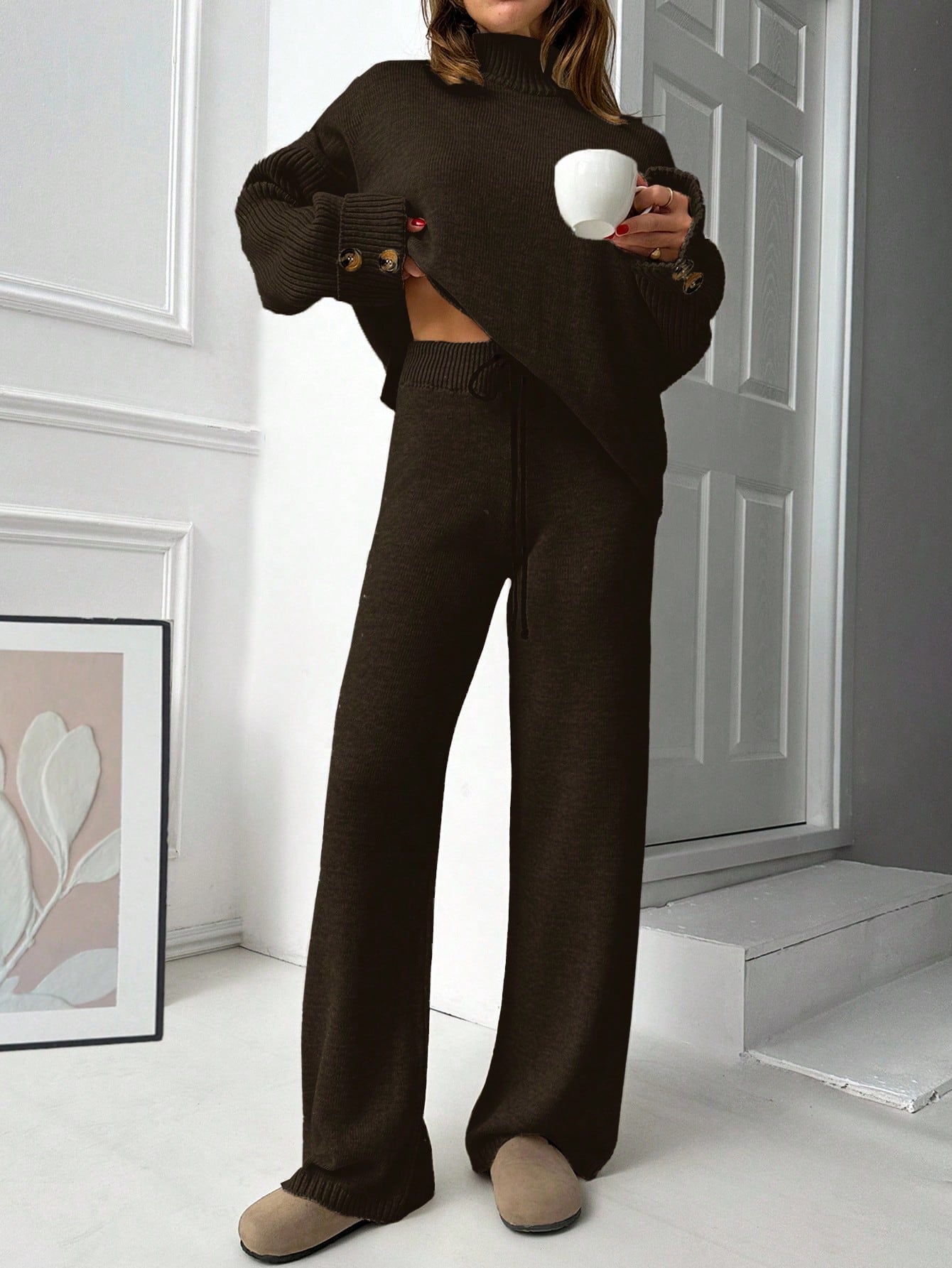 Button-Cuff Turtleneck Knit Lounge Set – Deep Espresso