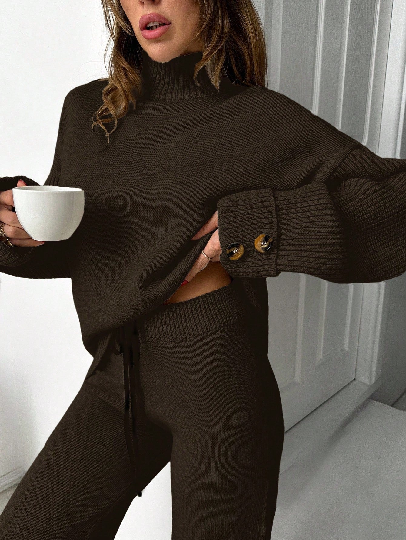 Button-Cuff Turtleneck Knit Lounge Set – Deep Espresso