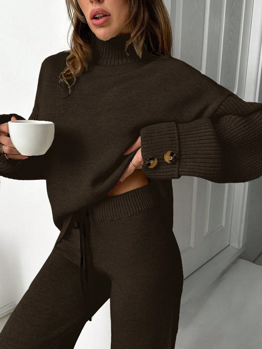 Button-Cuff Turtleneck Knit Lounge Set – Deep Espresso