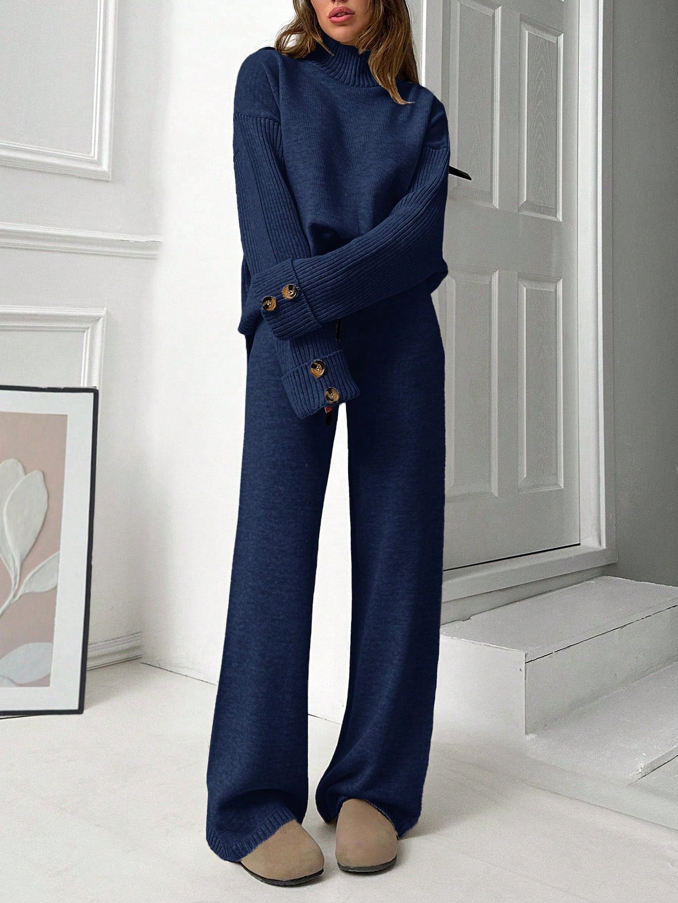 Ribbed Turtleneck Knit Lounge Set – Midnight Navy