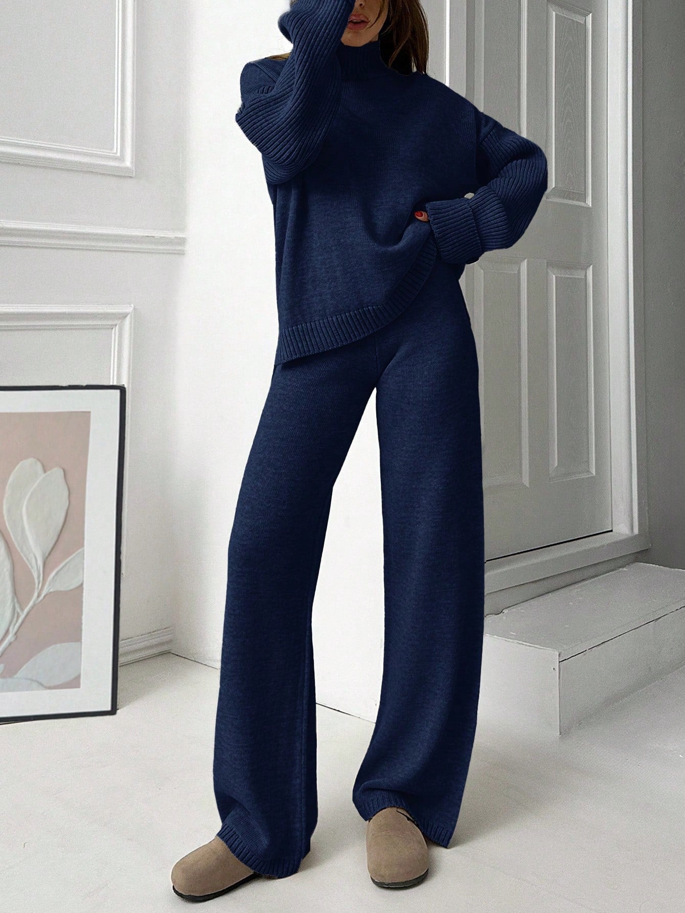 Ribbed Turtleneck Knit Lounge Set – Midnight Navy