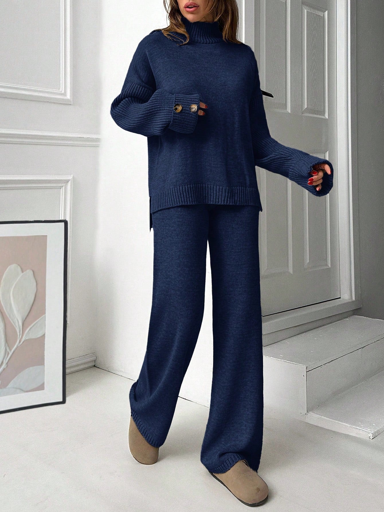 Ribbed Turtleneck Knit Lounge Set – Midnight Navy