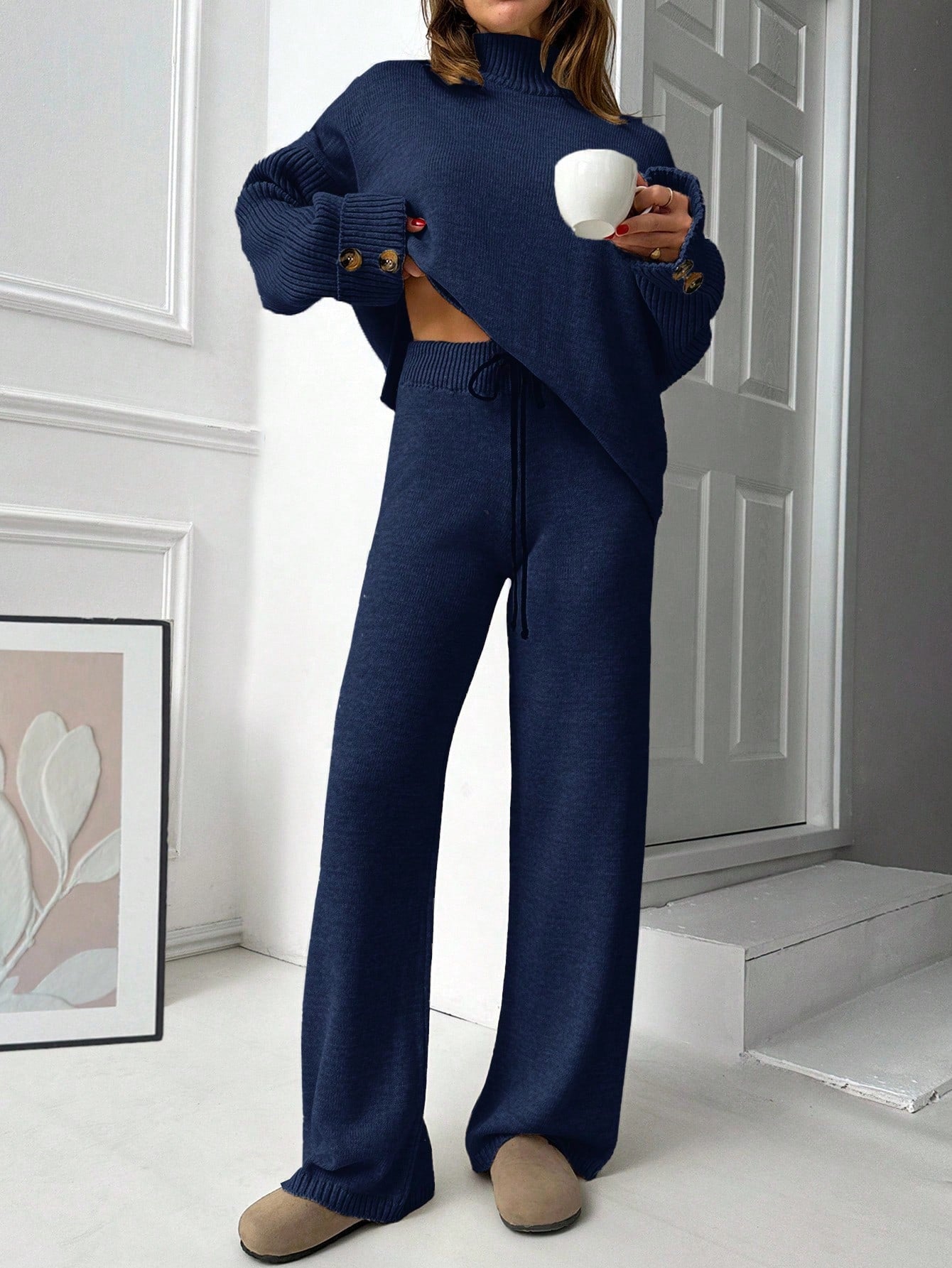 Ribbed Turtleneck Knit Lounge Set – Midnight Navy