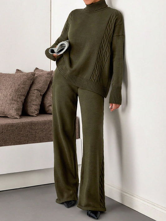 Cable Detail Turtleneck Knit Lounge Set – Olive