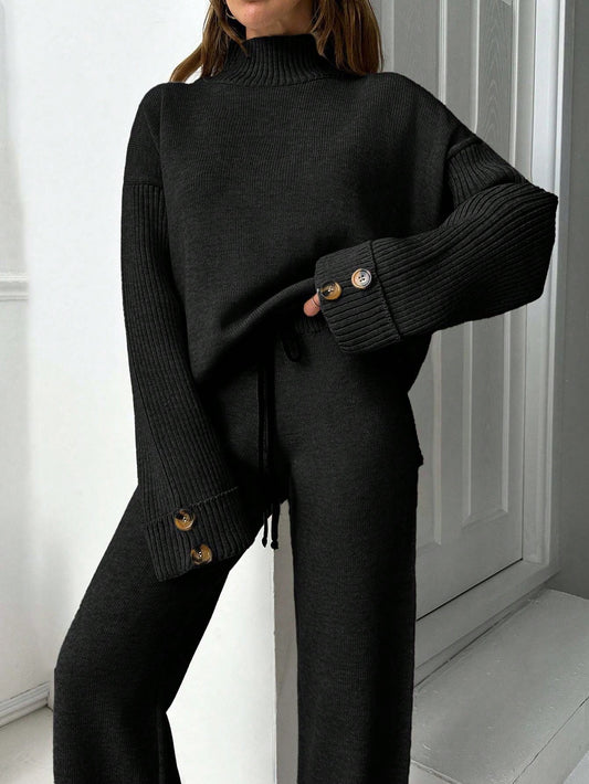 Button-Cuff Turtleneck Knit Lounge Set – Charcoal Black