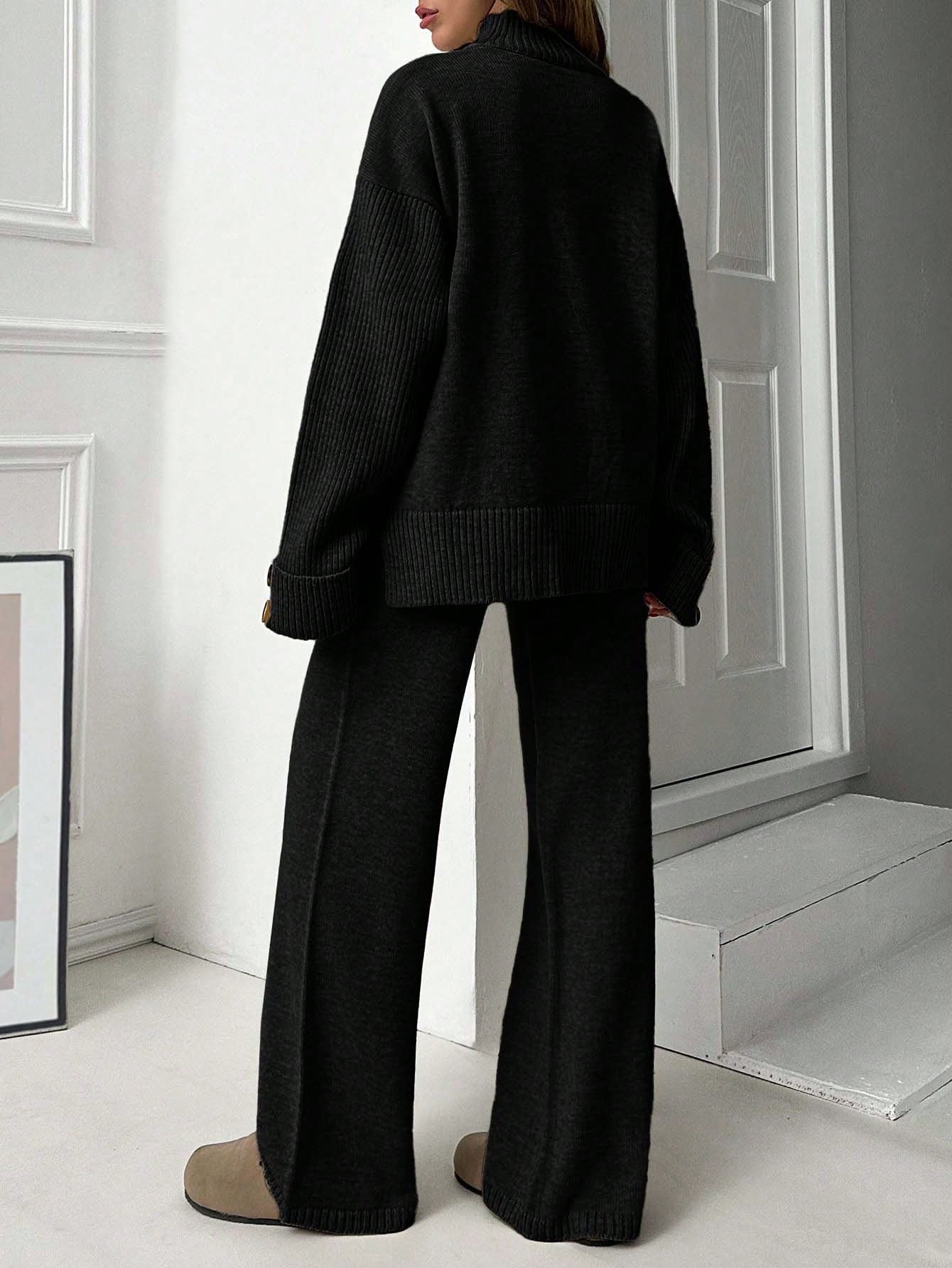 Button-Cuff Turtleneck Knit Lounge Set – Charcoal Black