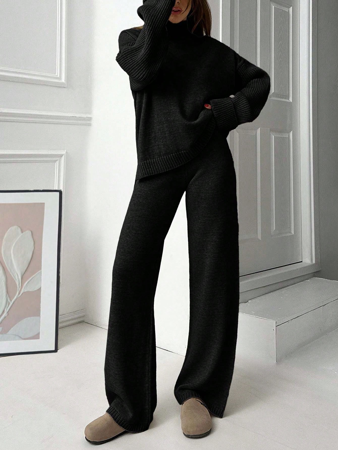 Button-Cuff Turtleneck Knit Lounge Set – Charcoal Black