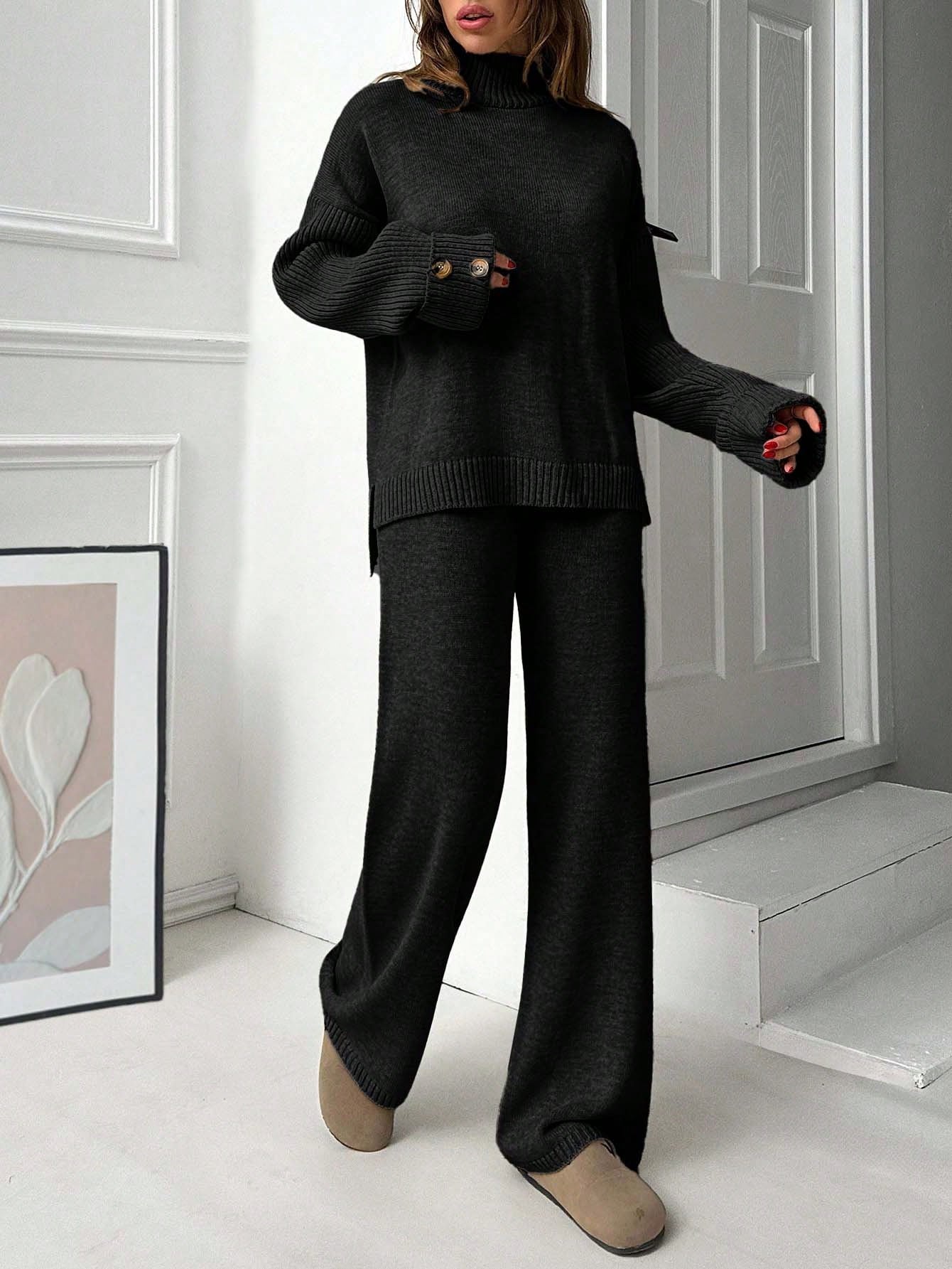 Button-Cuff Turtleneck Knit Lounge Set – Charcoal Black