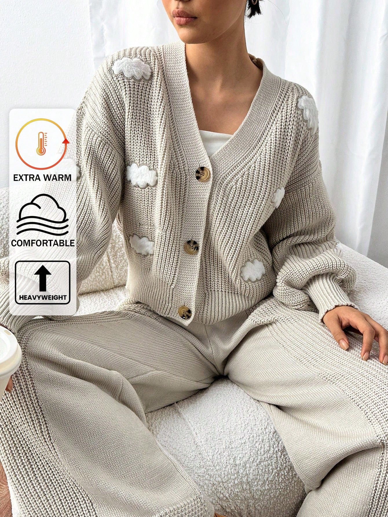 Textured Knit Cardigan Lounge Set – Soft Oatmeal