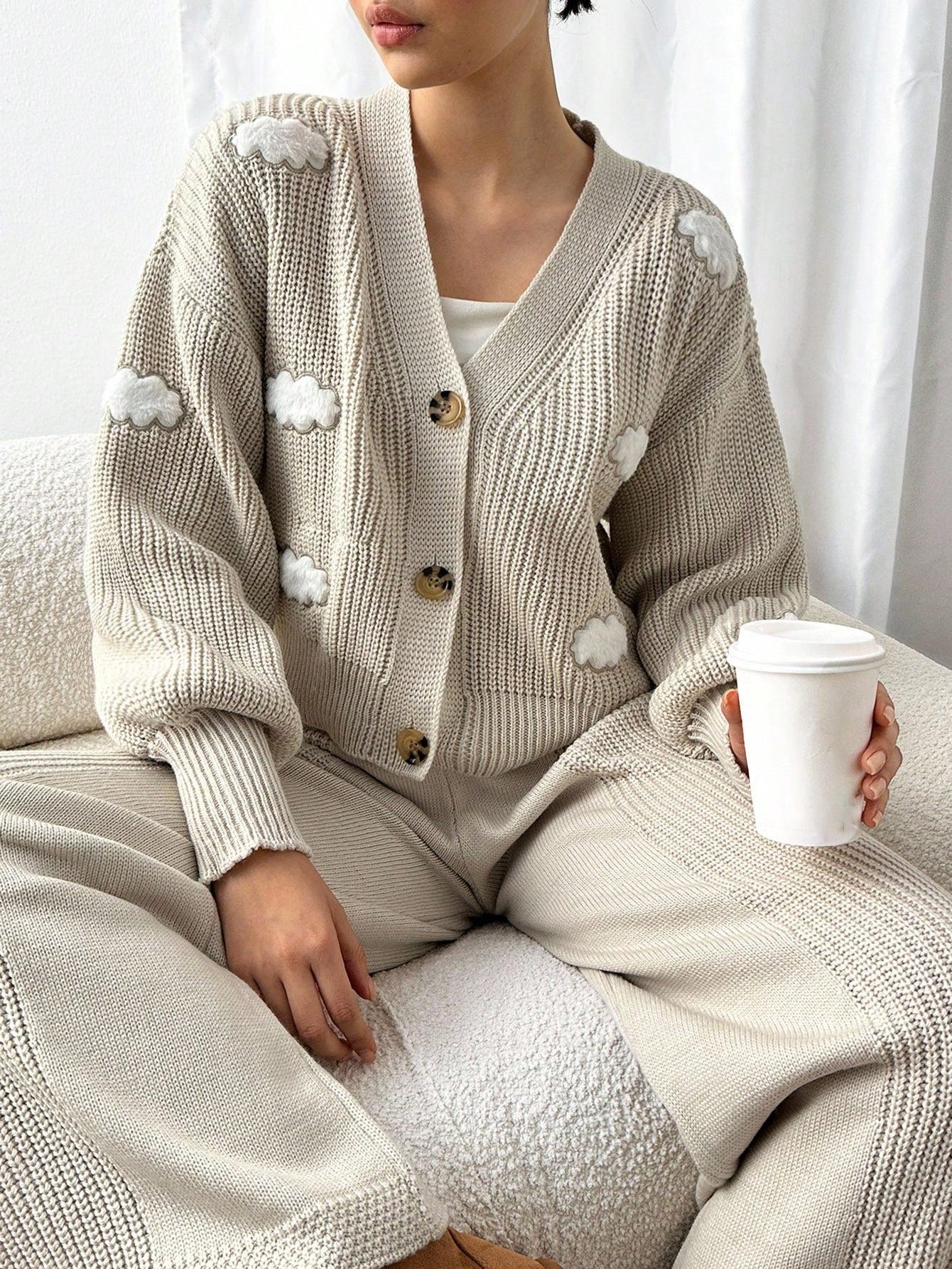 Textured Knit Cardigan Lounge Set – Soft Oatmeal