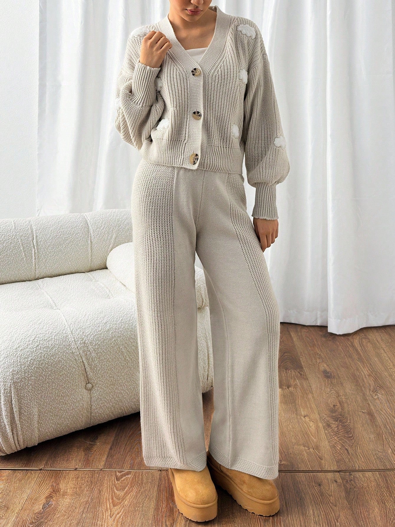 Textured Knit Cardigan Lounge Set – Soft Oatmeal