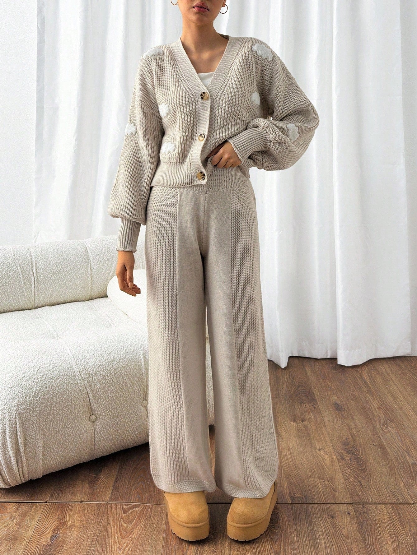 Textured Knit Cardigan Lounge Set – Soft Oatmeal