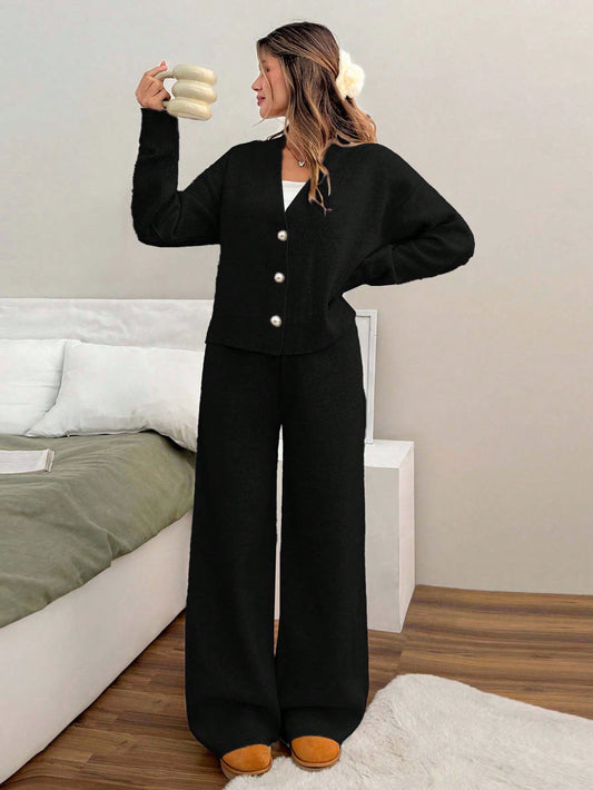 Button-Front Knit Lounge Set – Classic Black