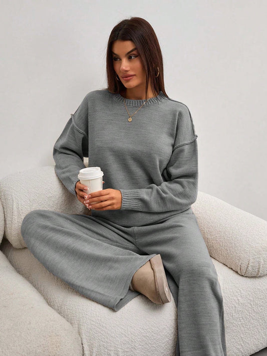 Relaxed Crewneck Knit Lounge Set – Charcoal Grey