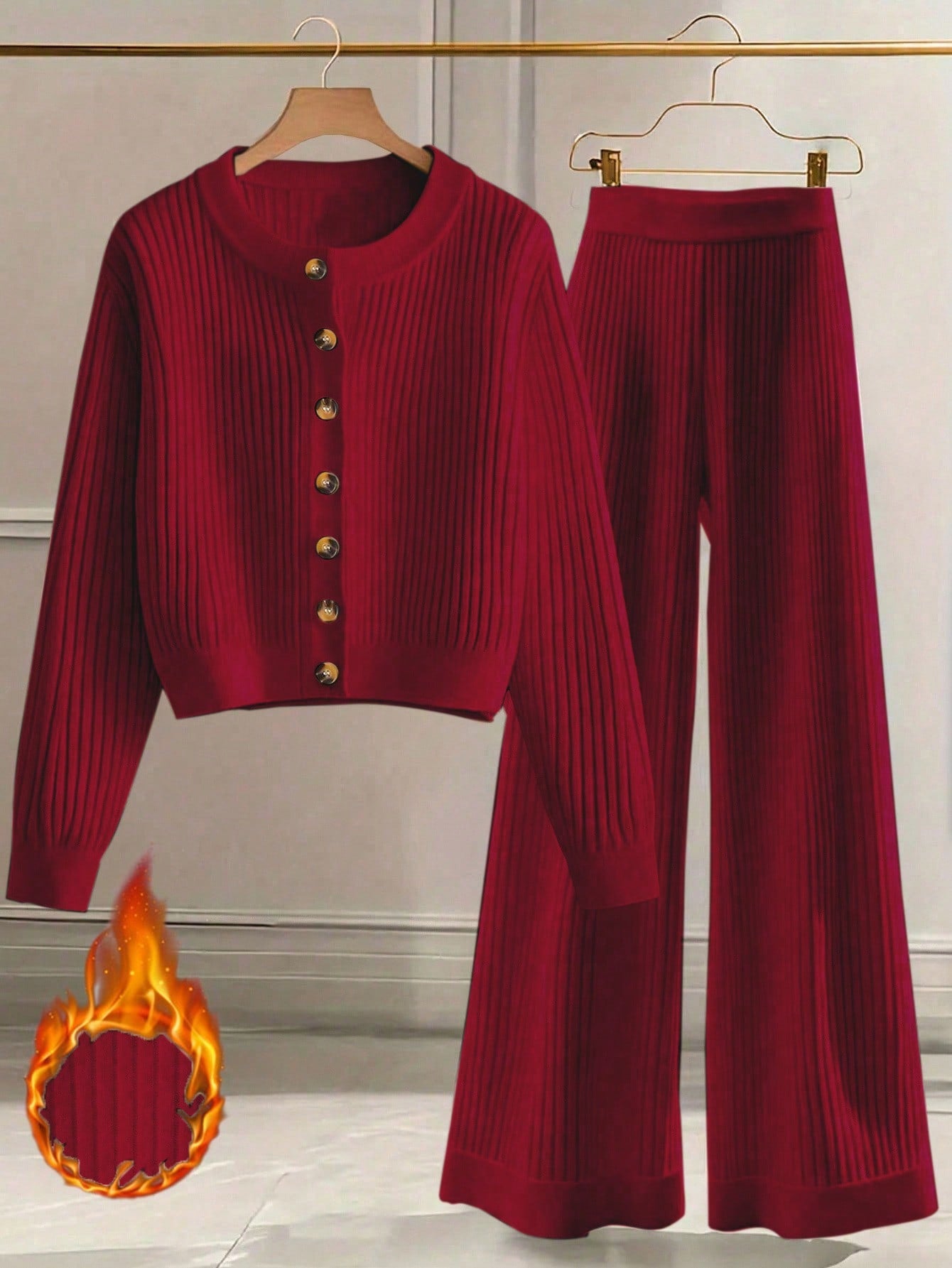 Ribbed Button-Front Knit Lounge Set – Deep Red