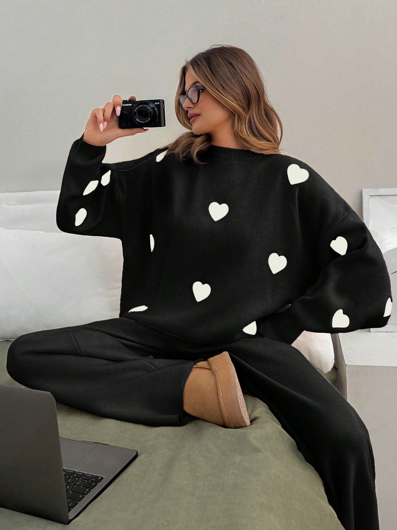 Scattered Heart Knit Lounge Set – Black & Ivory