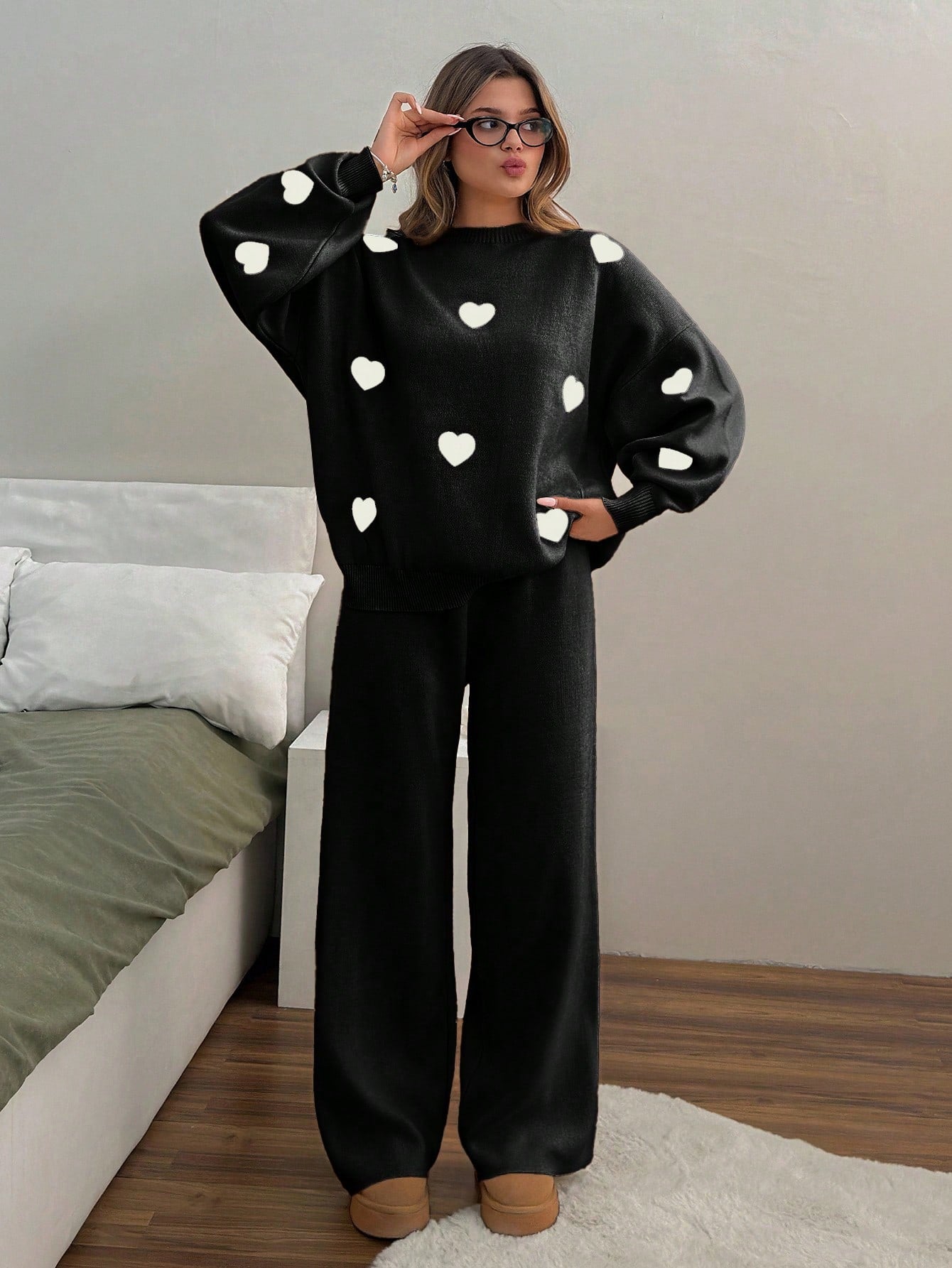 Scattered Heart Knit Lounge Set – Black & Ivory