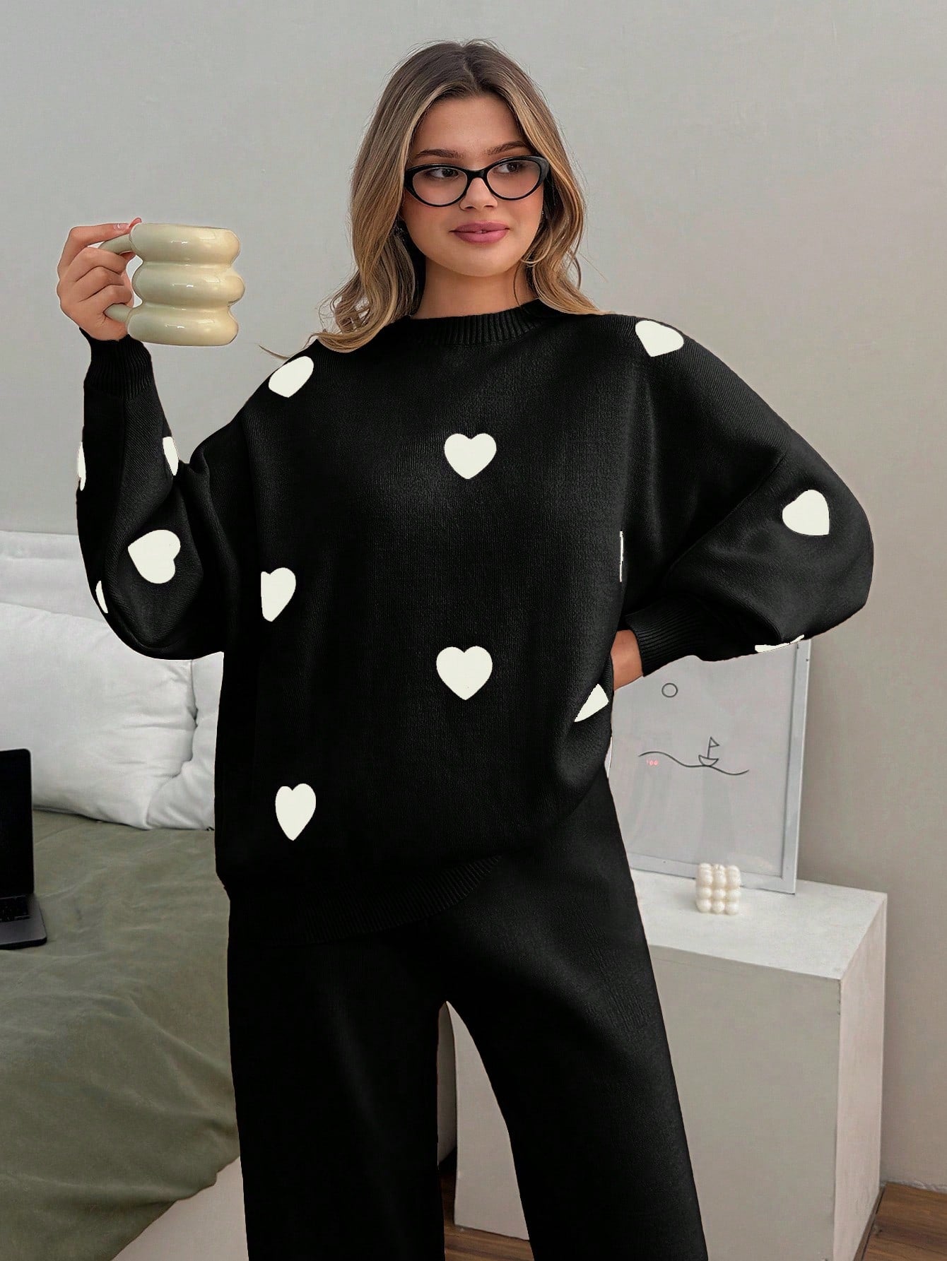 Scattered Heart Knit Lounge Set – Black & Ivory