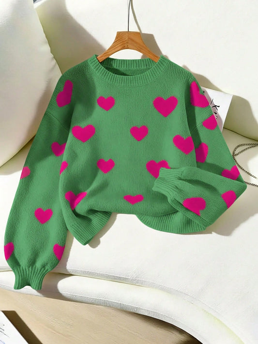 Heart Pattern Knit Sweater – Green & Pink