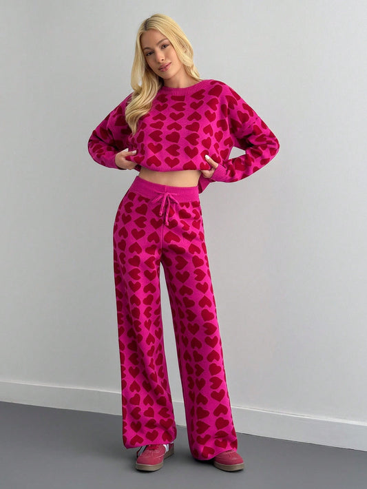 Allover Heart Knit Crop Lounge Set – Hot Pink
