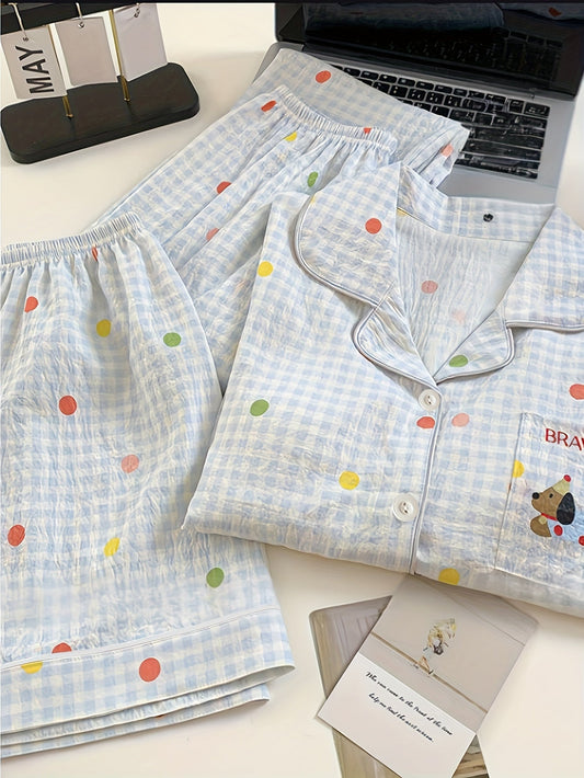 Polka Dot Pajama Set with Puppy Pocket – Shirt & Pants
