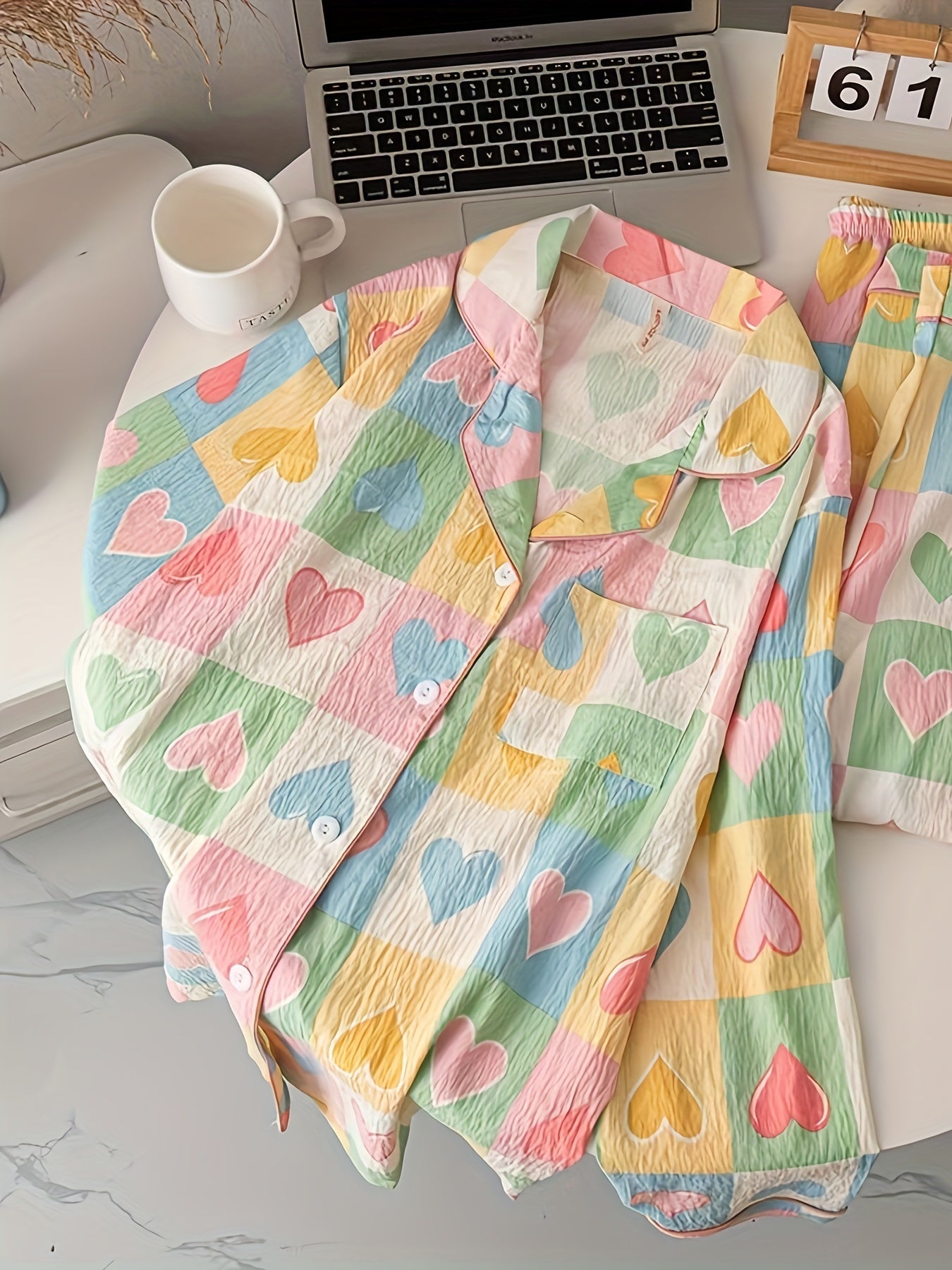 Pastel Heart Print Pajama Set – Button Shirt & Pants
