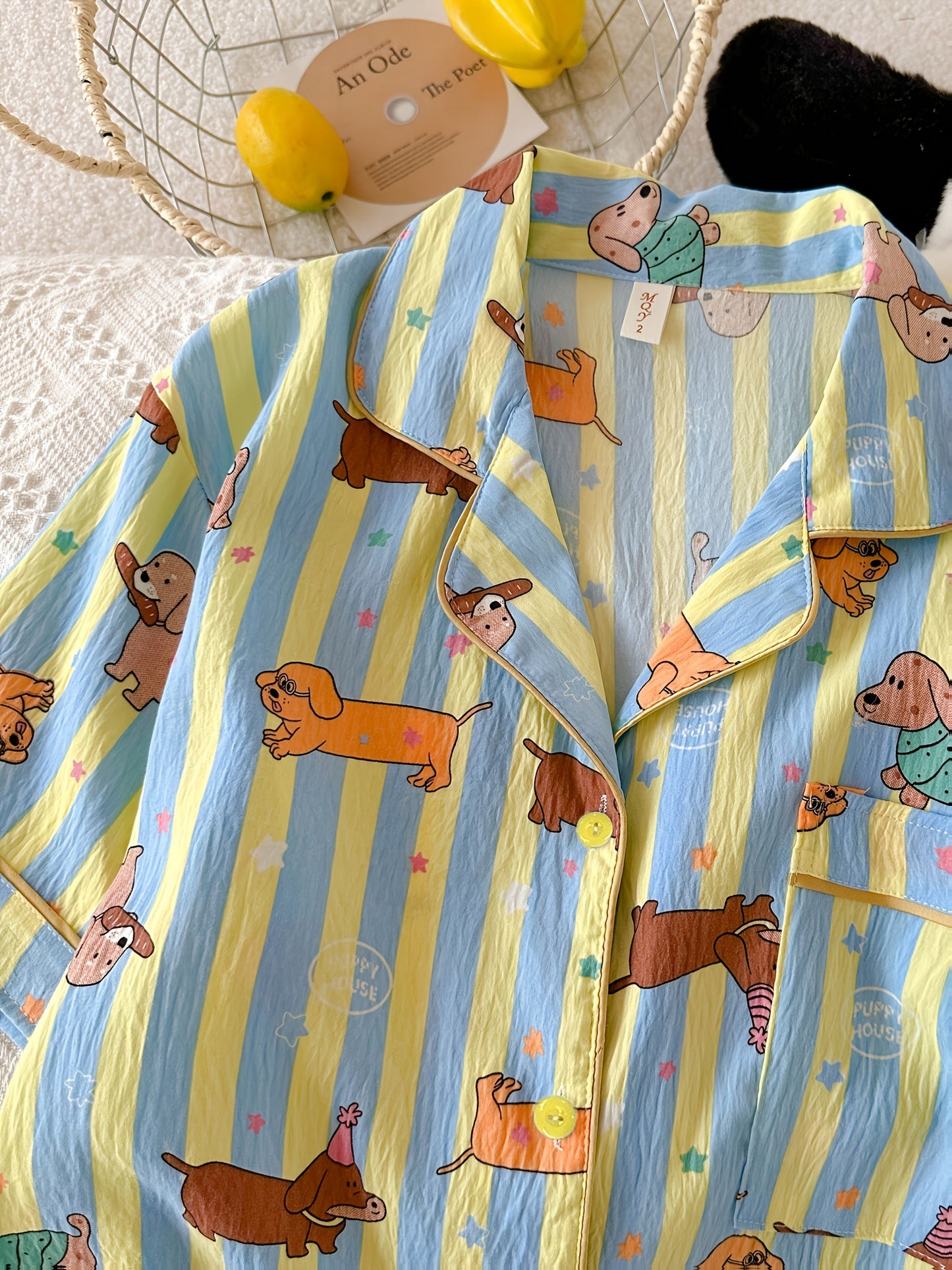 Cute Dachshund Print Striped Pajama Set – Short Sleeve & Shorts