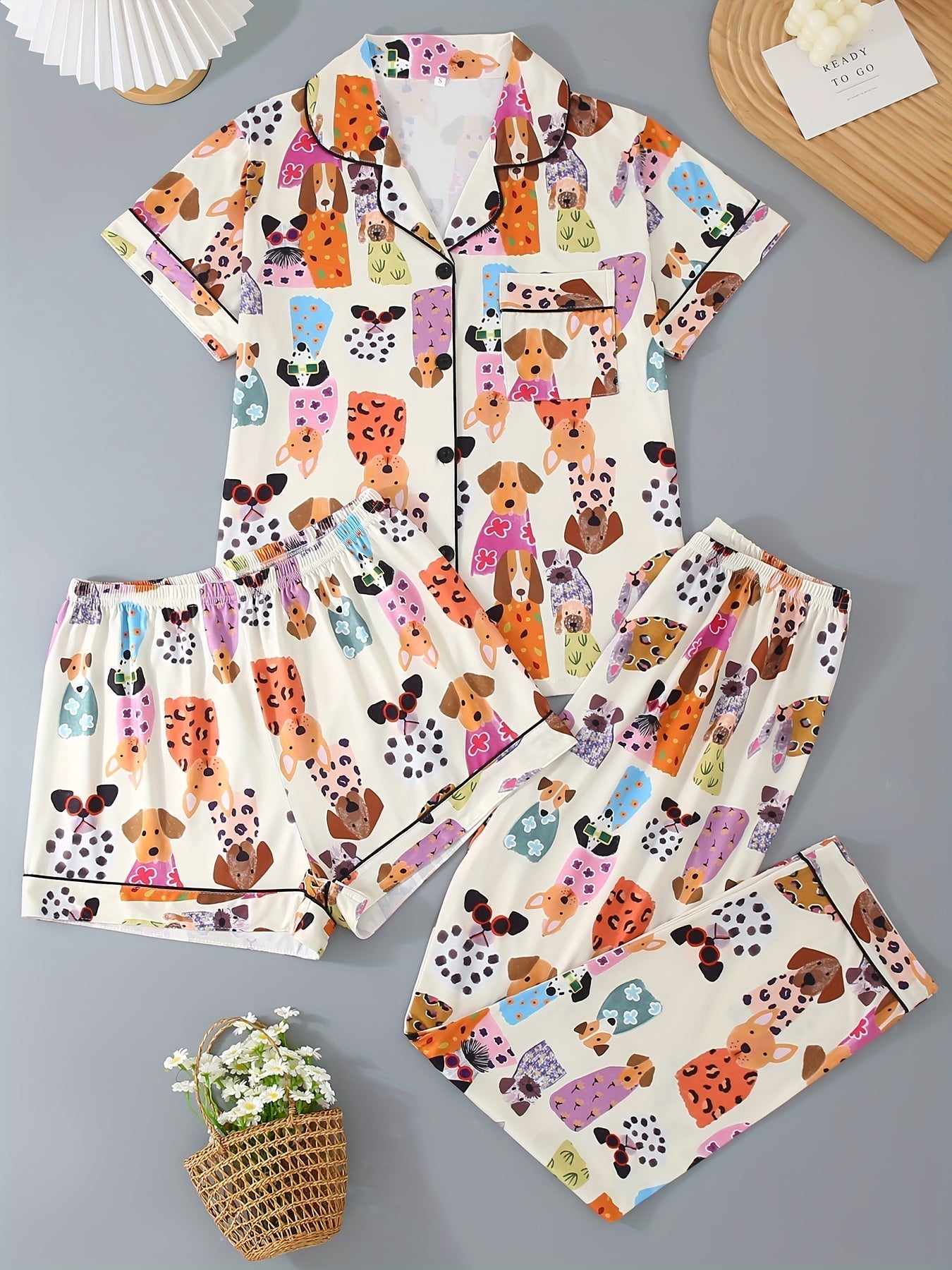 Puppy Party Satin Nightwear Set (3-Piece Combo) 🐶✨