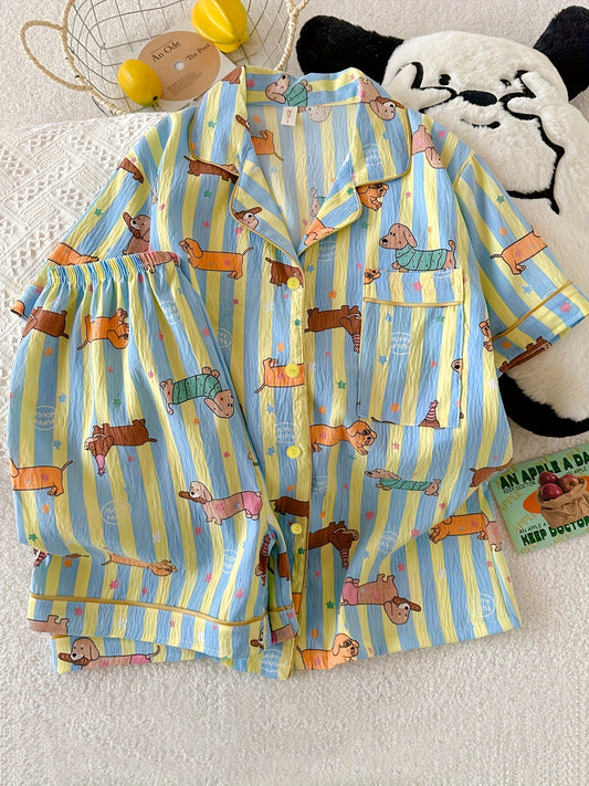 Cute Dachshund Print Striped Pajama Set – Short Sleeve & Shorts