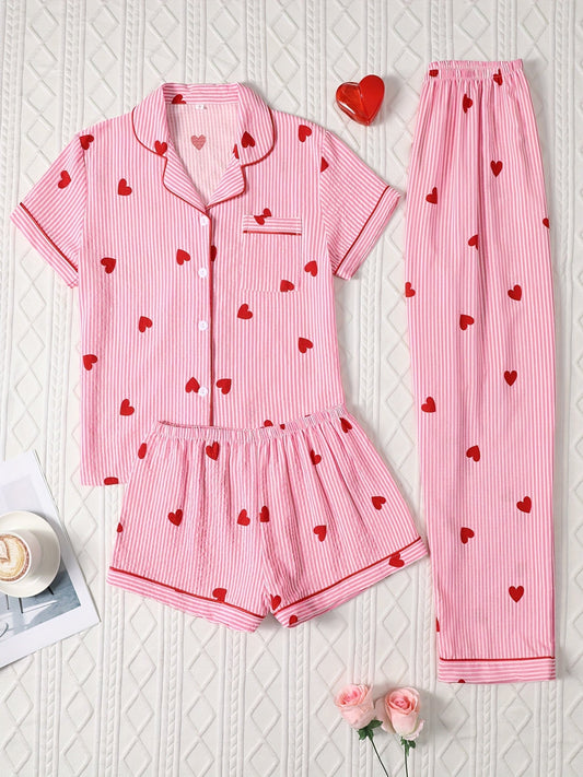 Candy Stripe Hearts Nightwear Set (3-Piece Combo)