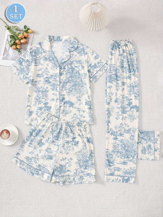 Women’s 3-Piece Printed Pajama Set (Shirt + Pajama + Shorts)