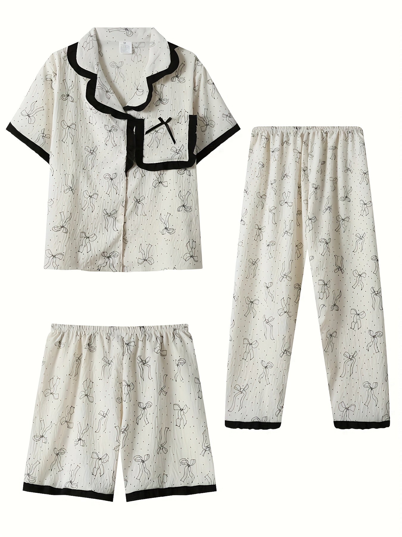 Elegant Bow Print Pajama Set – 3-in-1 (Shirt, Shorts & Pants)