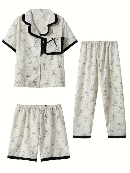 Elegant Bow Print Pajama Set – 3-in-1 (Shirt, Shorts & Pants)