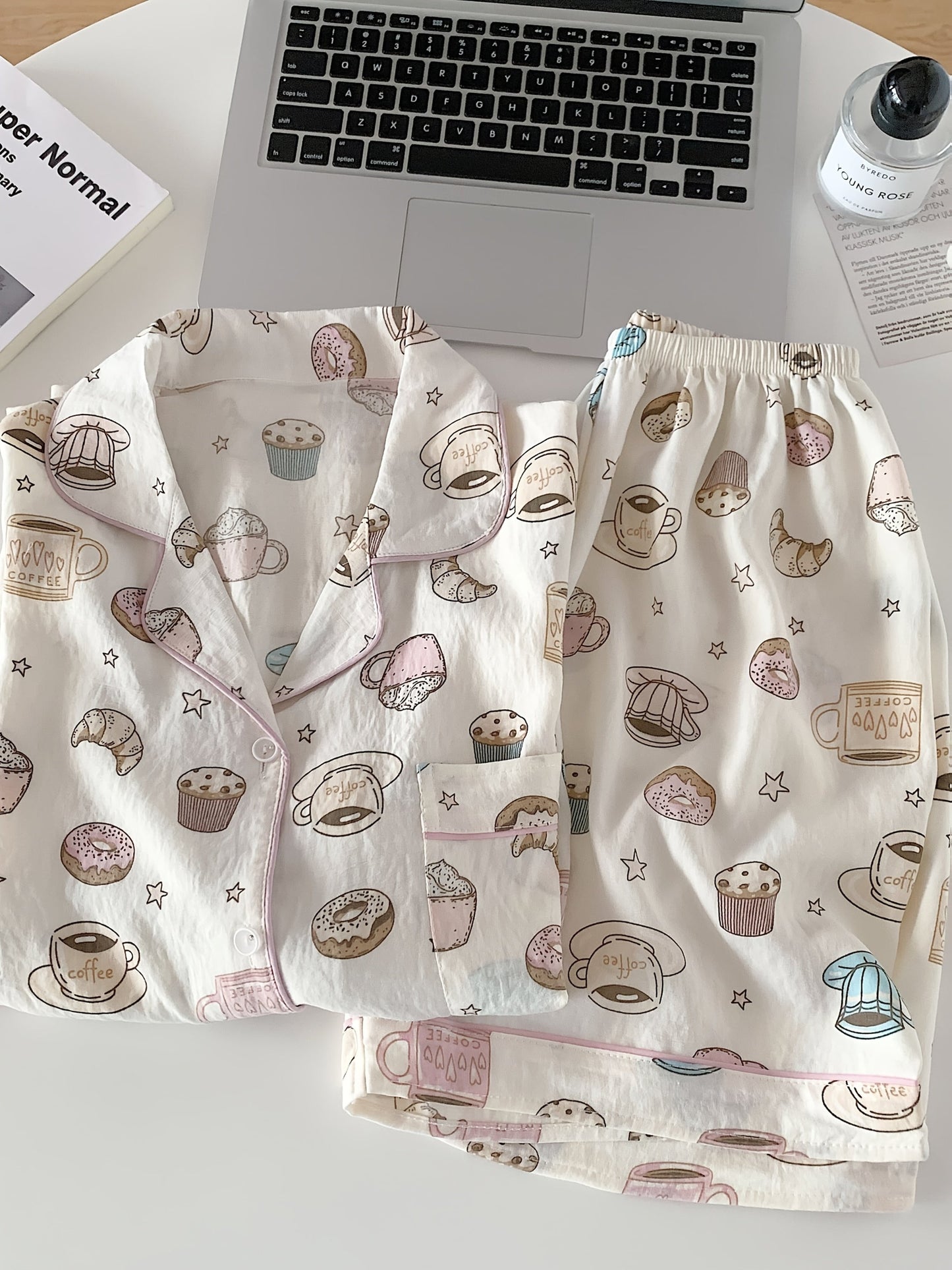Coffee & Donuts Print Pajama Set – Shirt, Shorts & Pants