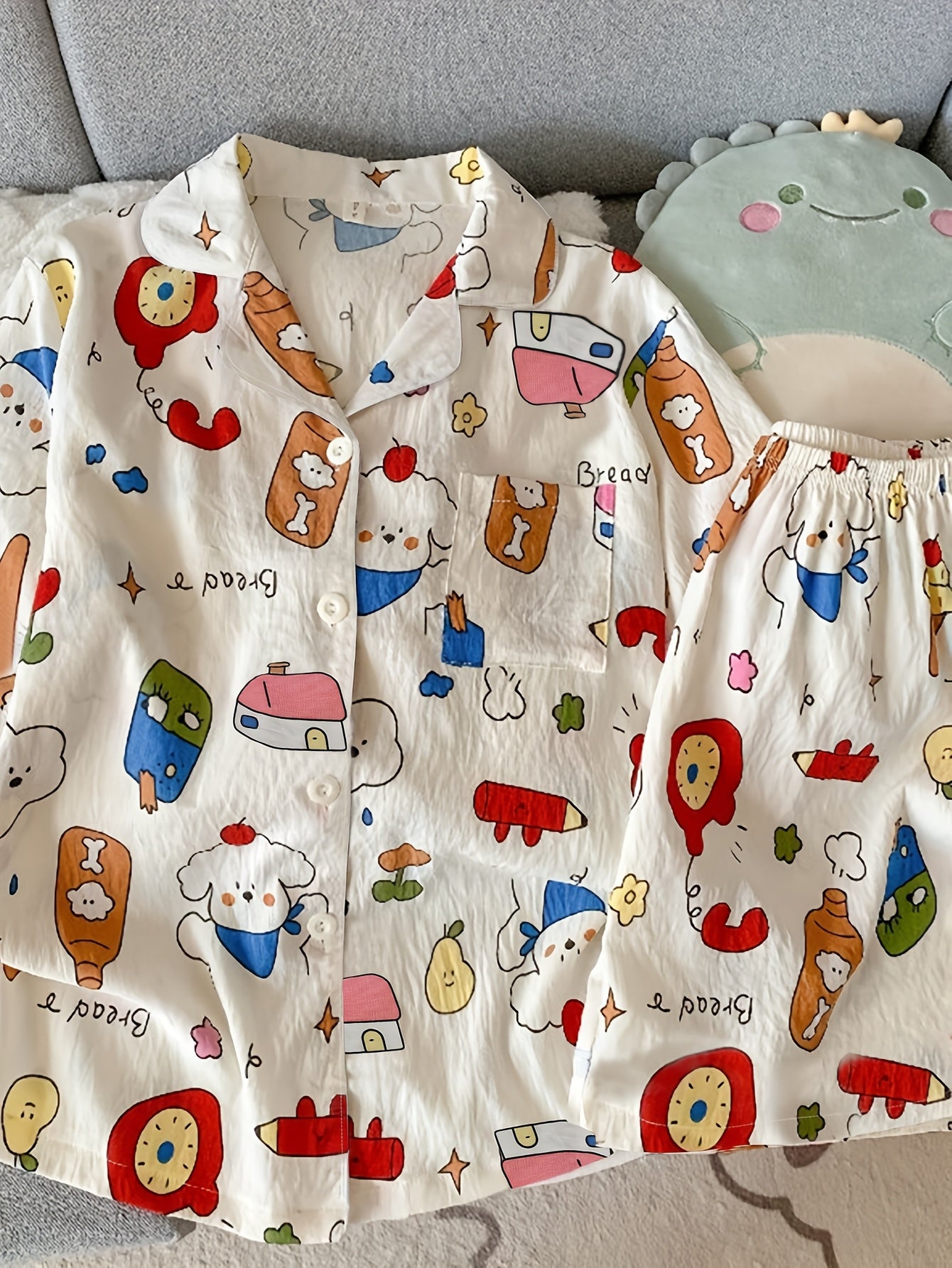 Cartoon Breakfast Print Pajama Set – Shirt & Shorts