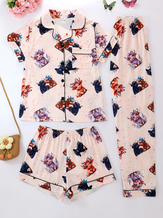 Adorable Cartoon Cow Print Nightwear Set (3-Piece Combo)