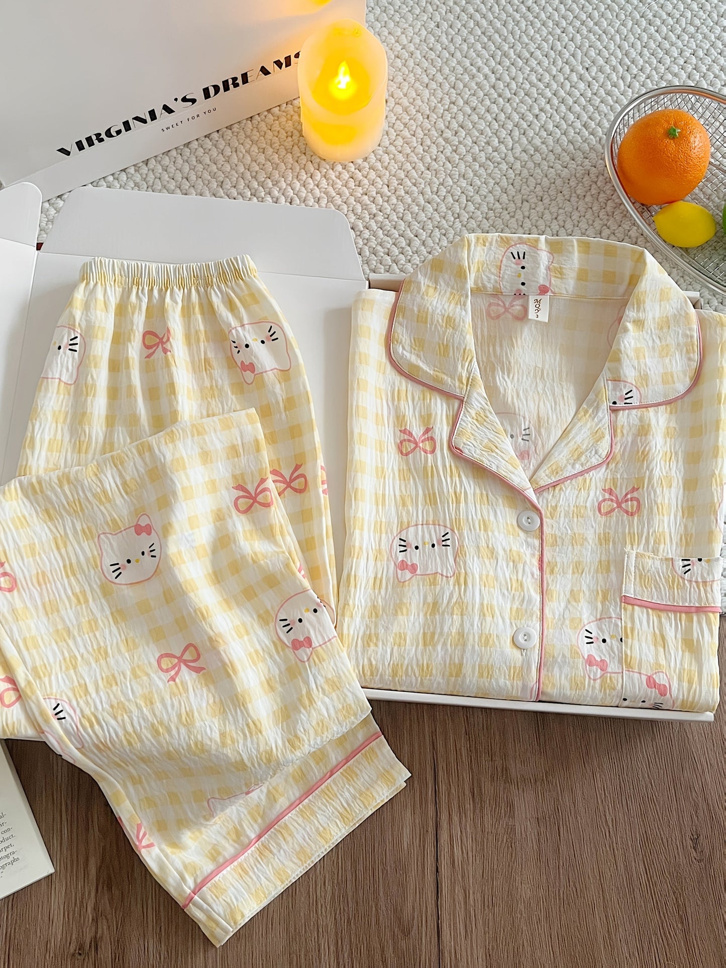Yellow Gingham Kitty Pajama Set – Button Shirt & Pants