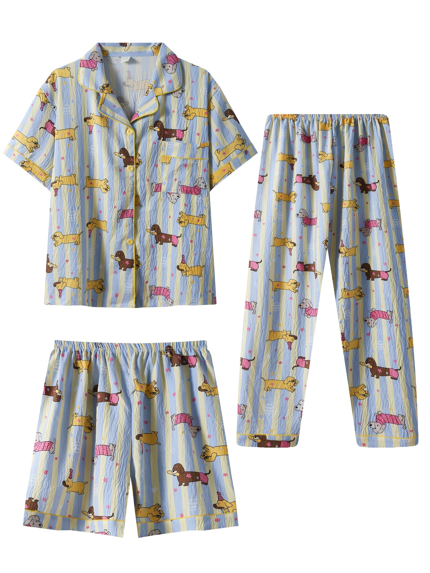 3-in-1 Dachshund Print Pajama Set – Shirt, Shorts & Pants