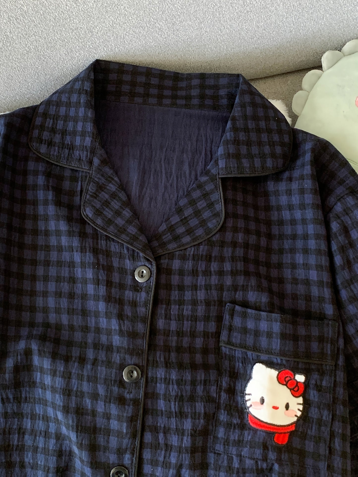 Navy Check Pajama Set with Hello Kitty Pocket – Shirt & Shorts