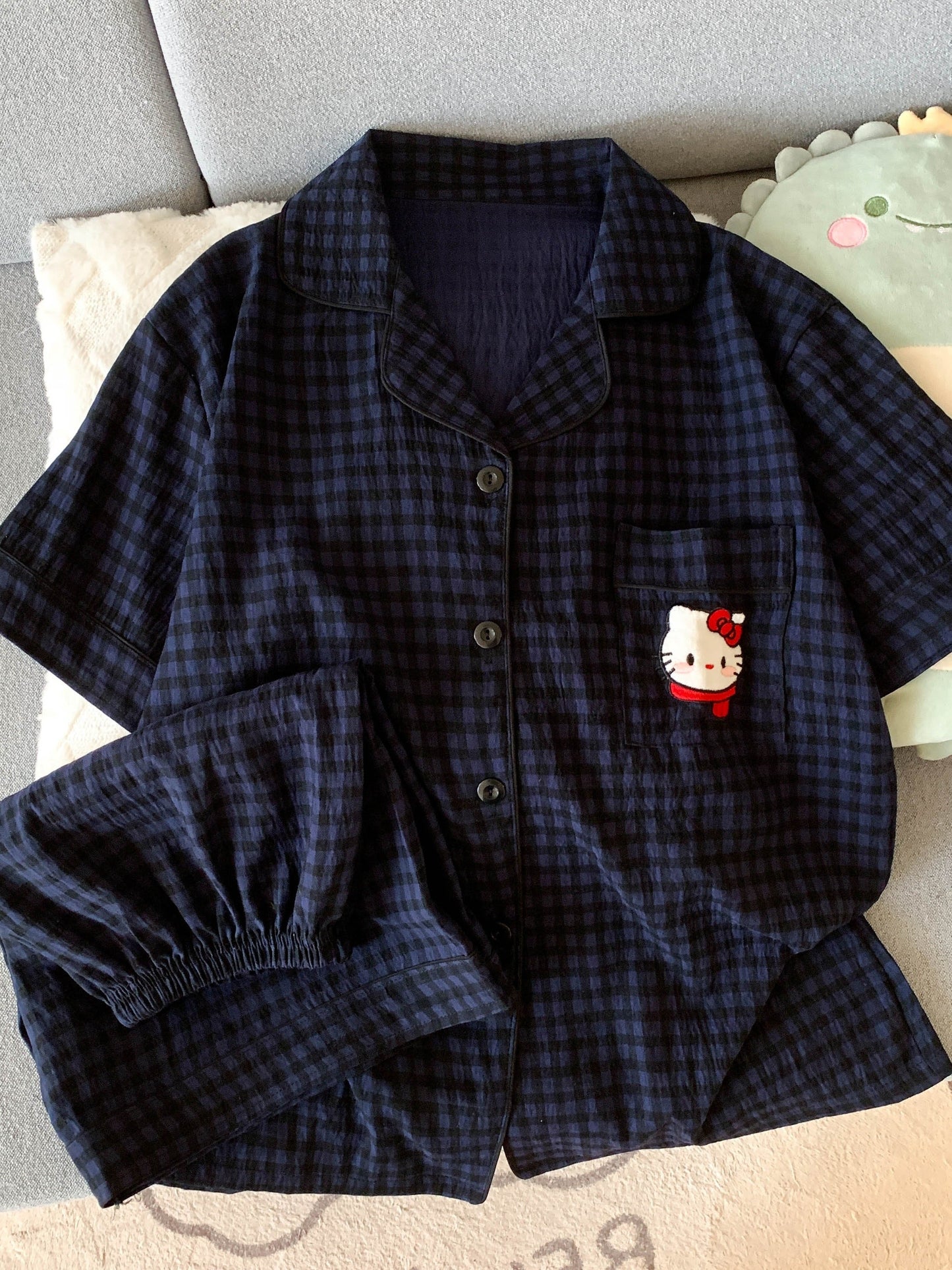 Navy Check Pajama Set with Hello Kitty Pocket – Shirt & Shorts