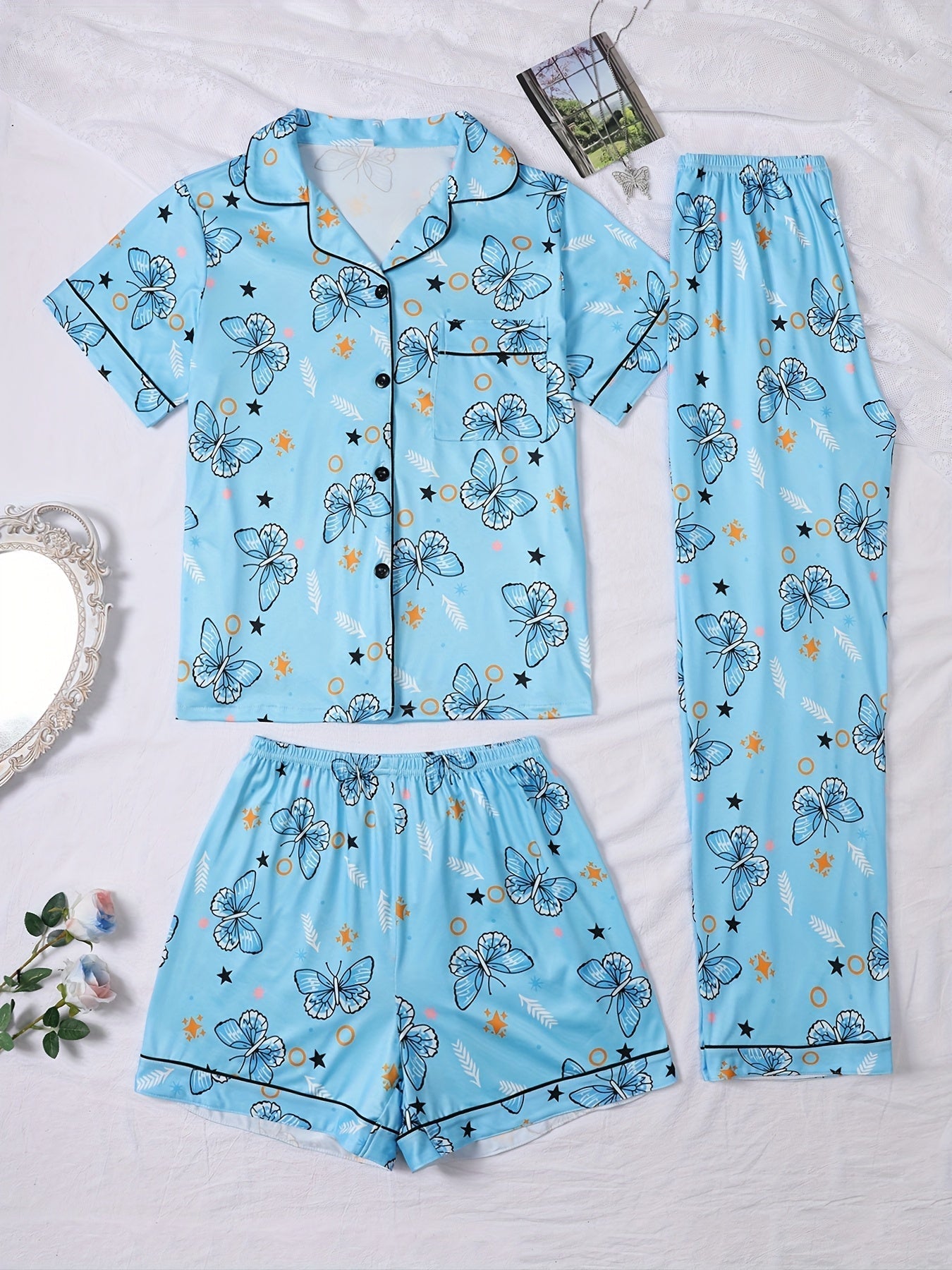 Blue Butterfly Dream Nightwear Set (3-Piece Combo)