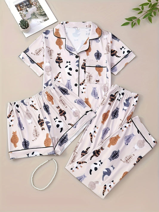 Cozy Cats Printed Nightwear Set (3-Piece Combo)