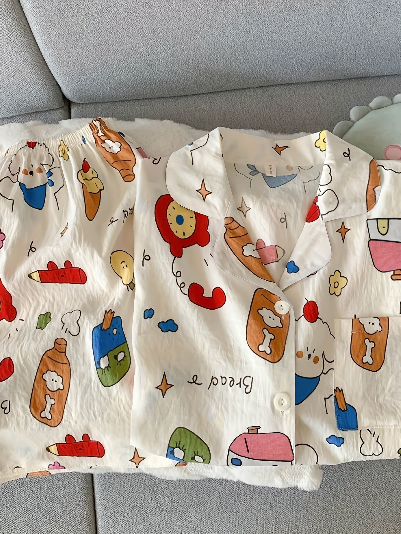 Cartoon Breakfast Print Pajama Set – Shirt & Shorts