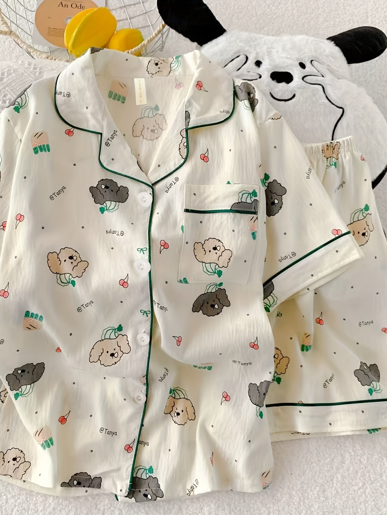 Poodle Puppy Print Pajama Set – Short Sleeve Shirt & Shorts