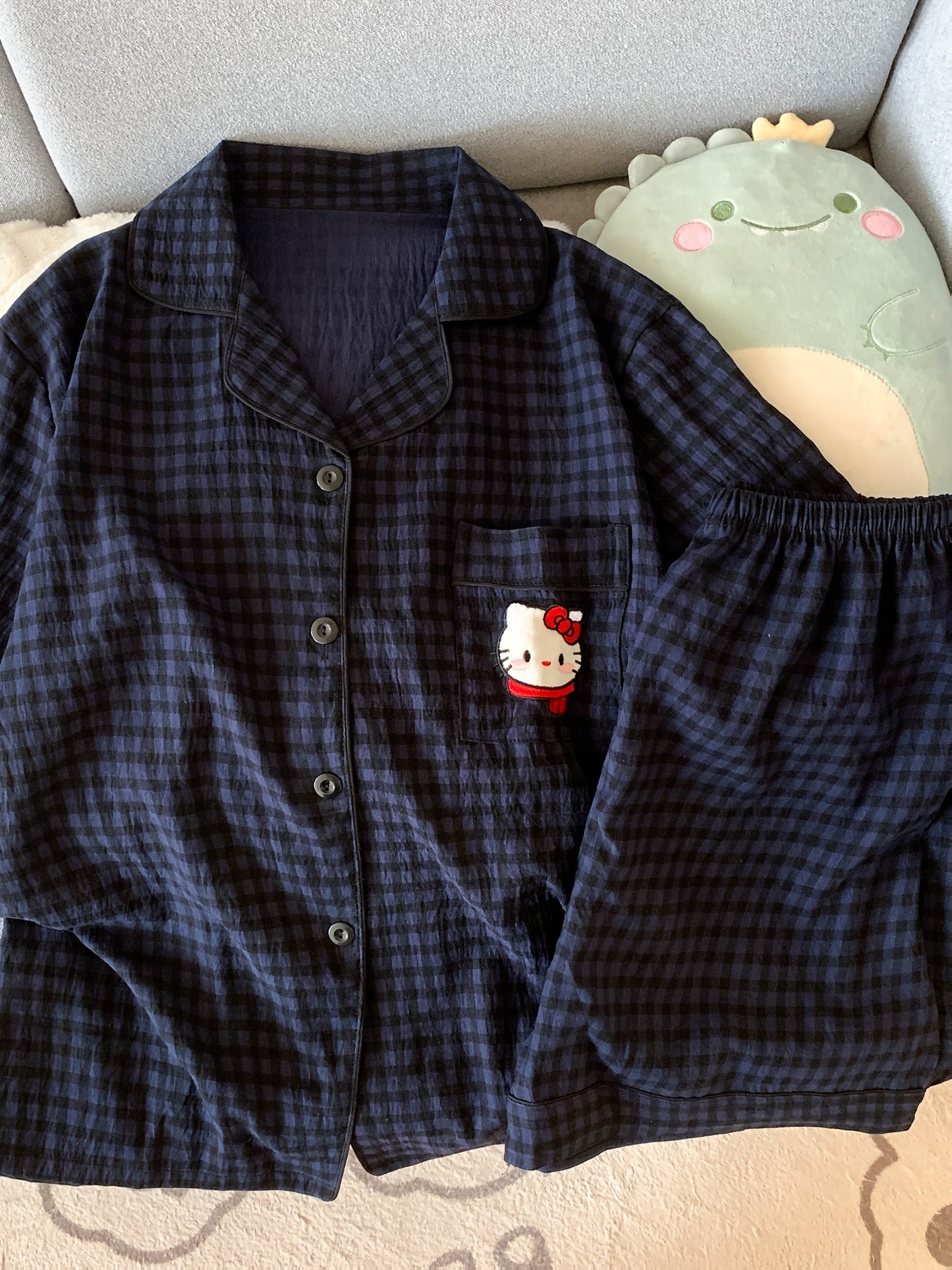 Navy Check Pajama Set with Hello Kitty Pocket – Shirt & Shorts