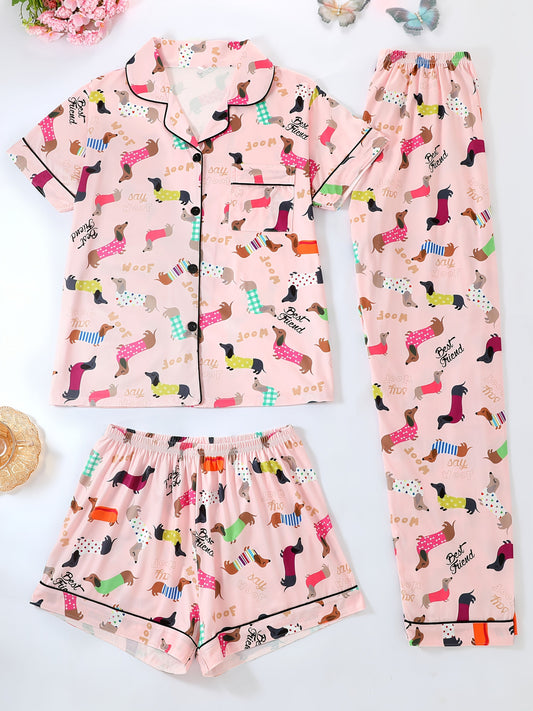 Puppy Love Satin Nightwear Set (3-Piece Combo)