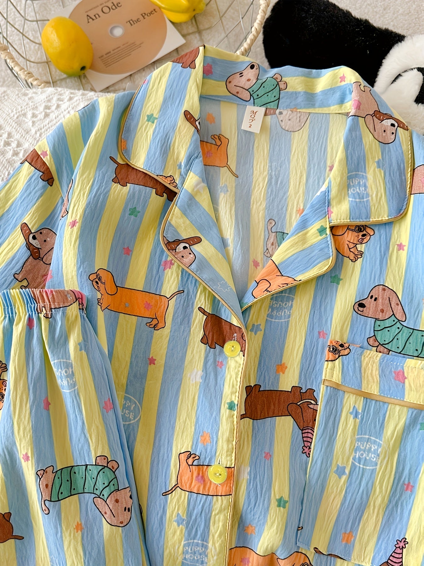 Cute Dachshund Print Striped Pajama Set – Short Sleeve & Shorts